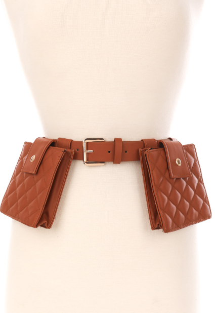 Laura - Quilted Square Pouch Belt - Brown