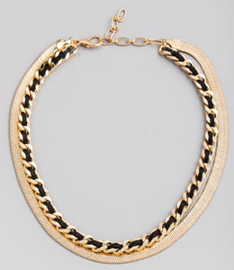 Gold & Black Layered Weave Herringbone Chain Necklace