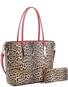2 IN 1 SMOOTH LEOPARD PRINT TOTE BAG W/MATCHING WALLET SET