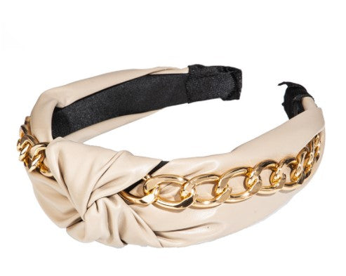 Ivory Faux Leather & Gold Chain Knotted Headband