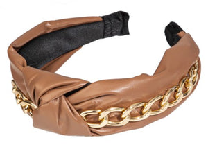 Caramel Faux Leather & Gold Chain Knotted Headband