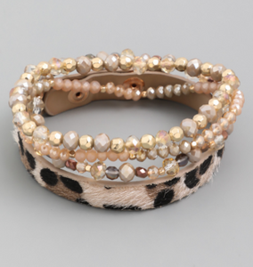 Tan Leopard Strap Beaded Bracelet Set