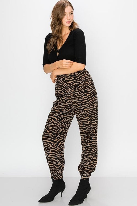 OVER IT ZEBRA PRINT PLEATED PANTS - TAUPE